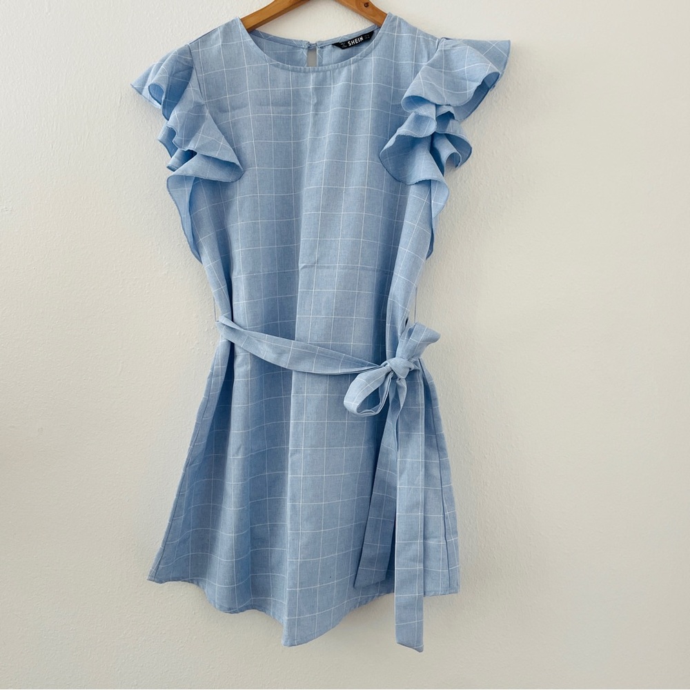 SHEIN Blue And White Ruffle Dress - Windowpane Plaid